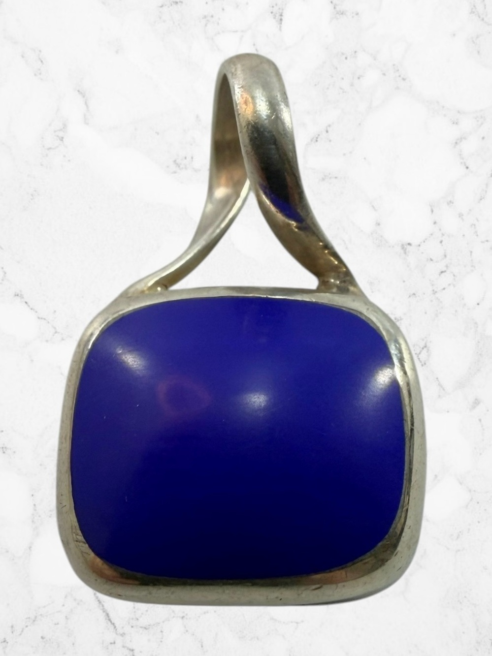 Vintage Sterling Silver 925 Deep Blue Lapis Lazuli Bezel Square Pendant Mexico